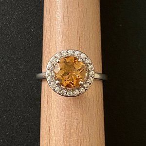 Yellow Citrine with CZ Halo, Sterling Silver Ring, Size 7.75